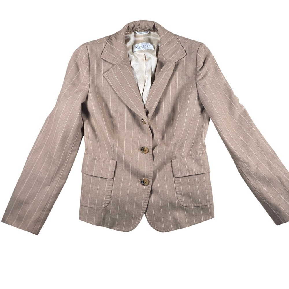 Max Mara Women's Wool Blend Blazer US 8 Tan Brown Pinstripe Made in Italy
